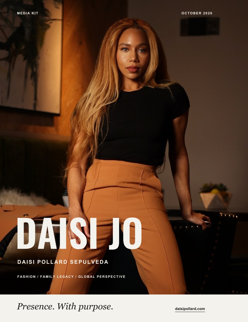 Daisi Jo Media Kit cover: color portrait in a black top and tan trousers with the words Presence. With purpose.