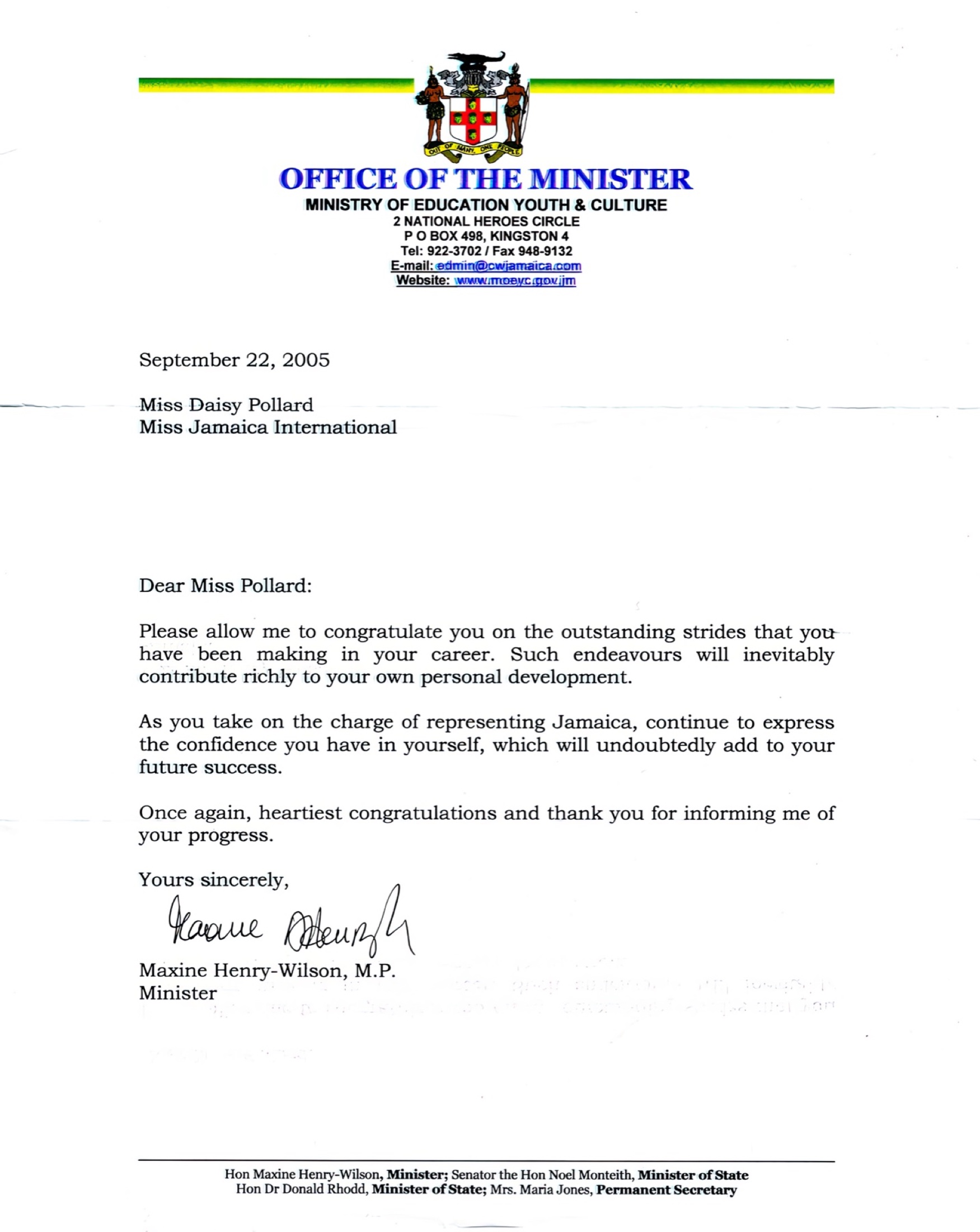 Letter from Jamaica’s Ministry of Education, Youth and Culture, signed by Maxine Henry-Wilson and dated September 22, 2005.