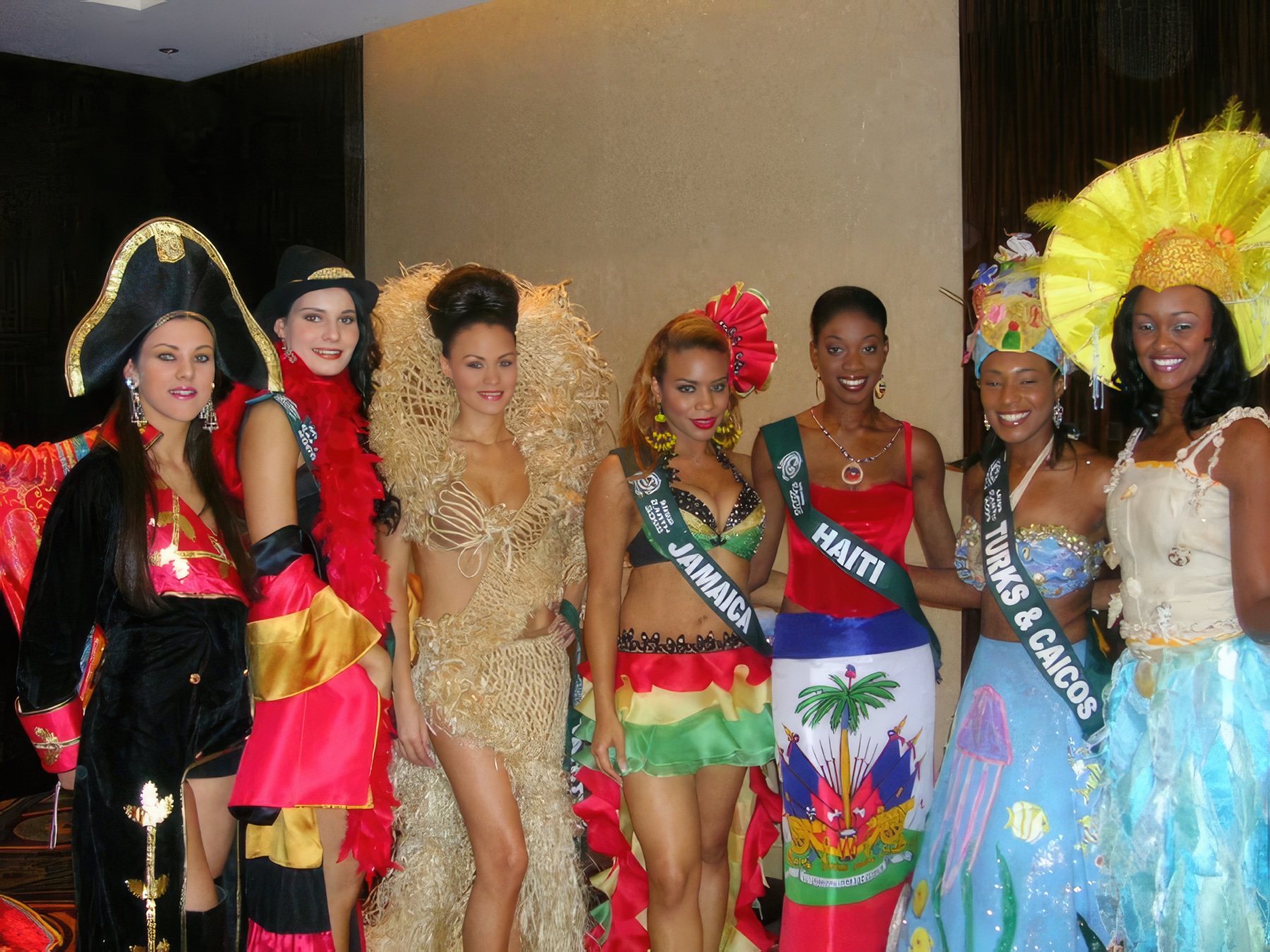 Miss Earth delegates gathered in national costumes, with Daisi wearing her Jamaica sash.