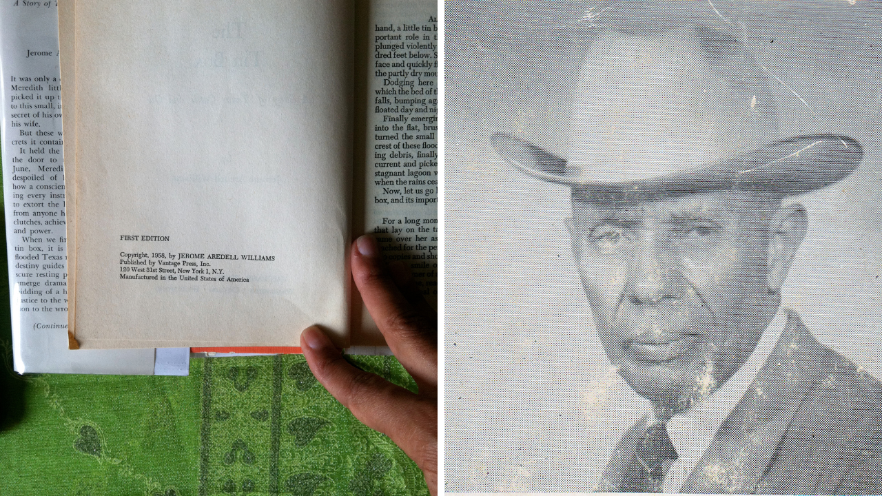 First-edition copyright page of The Tin Box beside an archival portrait of Jerome Aredell Williams