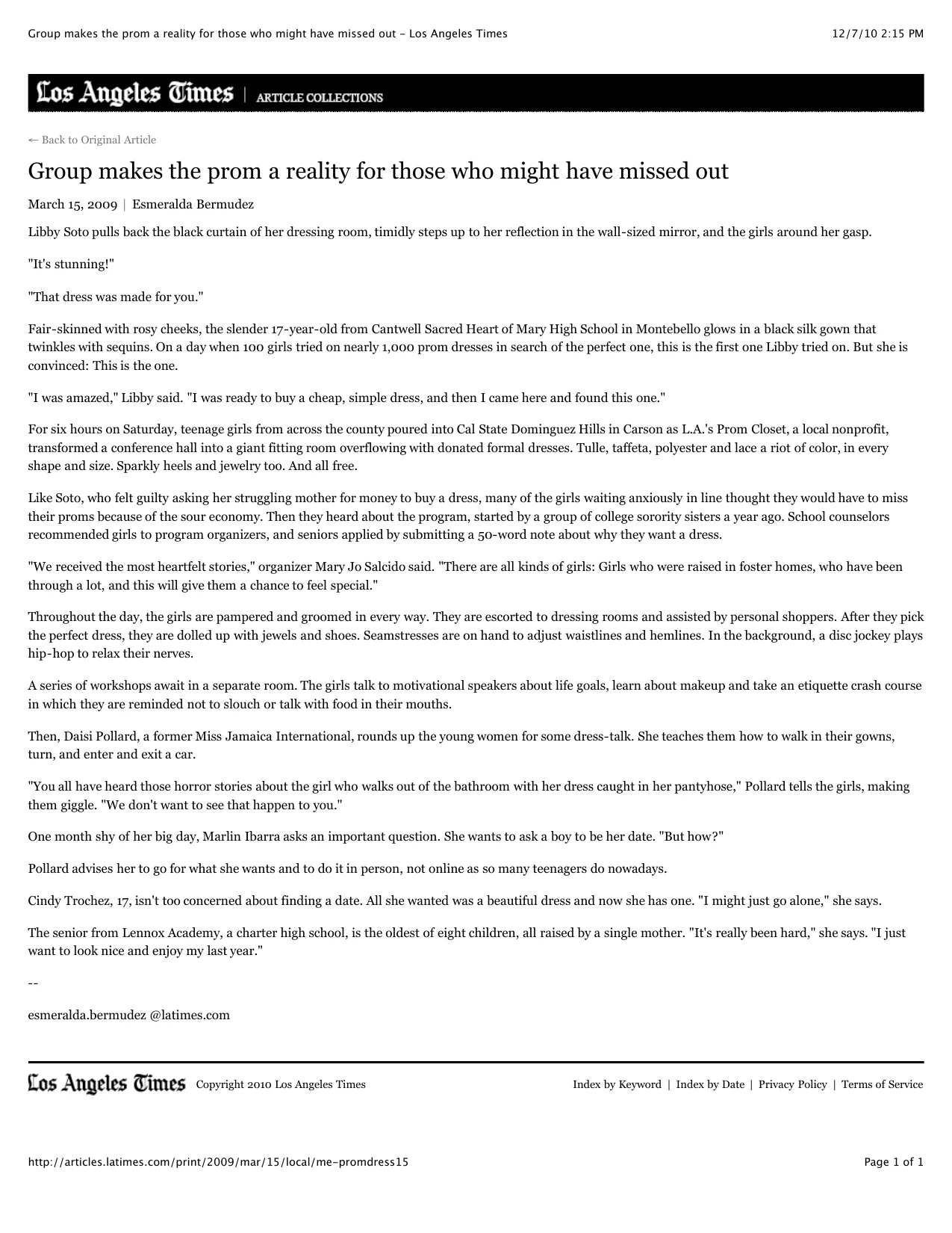 Los Angeles Times: Group makes the prom a reality for those who might have missed out