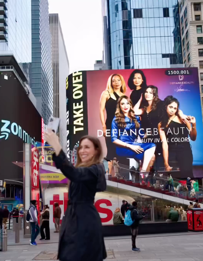 Defiance Beauty billboard featuring Daisi Pollard in Times Square, New York City